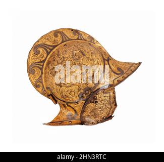 Burgonet français avec Buffe. CA. 1550 les médaillons de chaque côté du bol sont en relief avec des scènes de la mythologie grecque représentant le Bat Banque D'Images