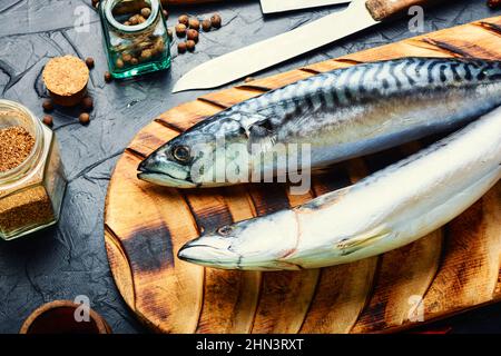 Poisson cru au maquereau et épices sur la table de cuisine. Fruits de mer Banque D'Images