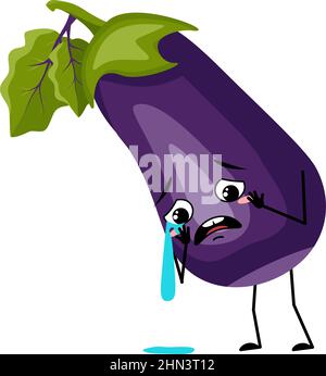 Le personnage d'aubergine avec des pleurs et des larmes, l'émotion, le visage triste, les yeux dépressifs. Personne avec expression mélancolique, émoticône légumière. Illustration vectorielle plate Illustration de Vecteur