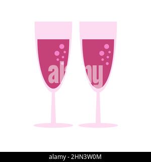 Deux verres de champagne ou de vin rose. Image vectorielle de style plat. Carte de voeux pour la Saint-Valentin. Éléments sur blanc Illustration de Vecteur