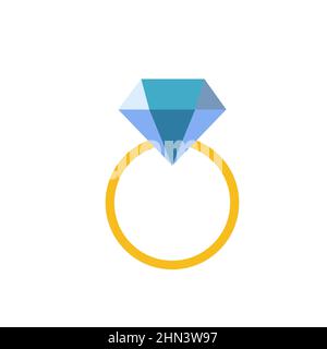 Icône plate - bague dorée de mariage avec diamant bleu. Élément plat simple sur blanc Illustration de Vecteur