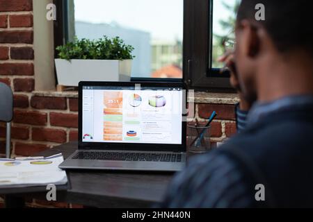 Gros plan sur l'écran de l'ordinateur portable affichant les tableaux des résultats des ventes de l'entreprise sur le bureau en brique rouge. Vue d'épaule de l'employé en démarrage regardant l'écran d'ordinateur portable avec des indicateurs de performance. Banque D'Images