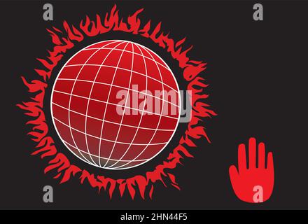 globe en rouge avec feu ou chaleur autour du globe et fond noir, représentant le changement climatique Illustration de Vecteur