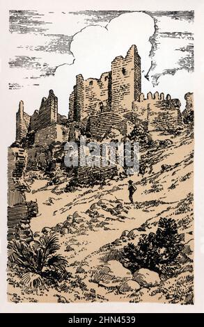 Castillos de España. Castellón. Castillo de Xivert, fortificación islaámica de los siglos X y XI ampliamente reformada posteriormente durante el siglo XIII, cerca de Alcalá de Xivert. Grabado de 1924. Banque D'Images