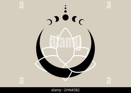 Fleur de Lotus sur la Lune du croissant, phases de la Lune mystique, géométrie sacrée. Demi-lune païen symbole de la déesse Wiccan, modèle de logo Wicca silhouette, énergie Illustration de Vecteur