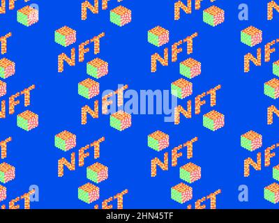 NFT jeton pixel art texte isométrique avec motif transparent de cube. Jeton non fongible NFT. L'art numérique dans la technologie blockchain. Design pour bannières et rp Illustration de Vecteur