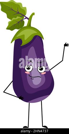 Personnage d'aubergine avec des émotions de héros, de visage courageux, de bras et de jambe. Personne avec expression de courage, émoticône légumière. Illustration vectorielle plate Illustration de Vecteur