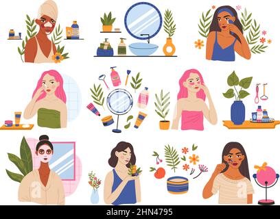 Soins de beauté féminine routine, les jeunes femmes utilisent un nettoyant et un hydratant pour la peau. Femmes procédures de soins de la peau, produits cosmétiques organiques vecteur Illustration de Vecteur