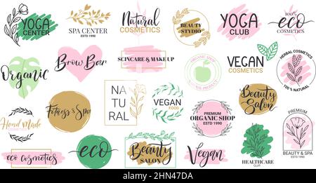 Produits de beauté bio, spa et centre de yoga. Ensembles dessinés à la main pour le yoga et l'ensemble d'illustrations vectorielles de soins de santé. Badges de magasins de style de vie sain Illustration de Vecteur
