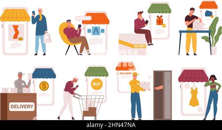 Application d'achat en ligne, clients qui choisissent et magasinent sur Internet. Jeu d'illustrations de vecteur de paiement et d'achat mobile. Concept de magasin numérique Illustration de Vecteur