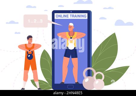 Entraînement physique en ligne, application mobile avec entraînements et exercices sportifs. Formation personnelle en ligne sur l'illustration vectorielle de l'écran du smartphone. Mobile Illustration de Vecteur