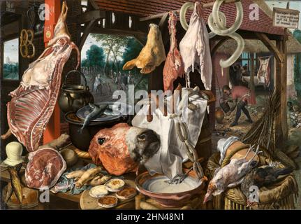 Pieter Aertsen, Un Scall de viande avec la Sainte famille donnant des almes (le Scall de boucher) Genre inversé encore-vie Anglais: La Sainte famille distribuant des almes sur leur voyage en Égypte pour échapper au harcèlement d'Hérode. Divers aliments – assiettes au premier plan, viandes, jambon, saindoux, poisson fumé, les pattes et la tête des cochons, le pain, le beurre, le lait, le fromage et les bretzels suspendus (dans le coin gauche), qui ont été étalés devant le spectateur. Les diverses viandes, y compris les saucisses, le boeuf, le poisson, la volaille et le porc, sont disposés sur des tables en bois, en utilisant des paniers, des pots et des assiettes. Un tonneau et quelques chaises de travail de la vannerie servent de Banque D'Images