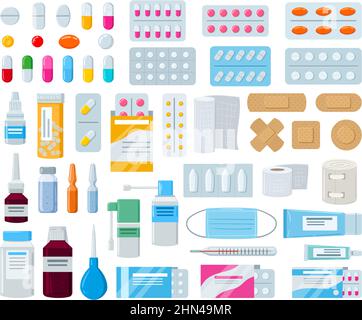 Caricature médicaments de pharmacie, bouteille de pilules, médicaments et patchs. Kit d'illustrations vectorielles pour les médicaments, les sprays et les produits pharmaceutiques destinés aux équipements hospitaliers Illustration de Vecteur