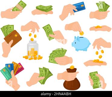 Dessin animé argent comptant, mains tenir dollar facture, portefeuille ou sac. Jeu d'illustrations vectorielles pour le bras humain tenant des billets verts. Porte-monnaie à mains avec argent et Illustration de Vecteur