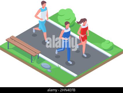 Course de marathon isométrique, jogging, course au parc. Jeu d'illustrations vectorielles de caractères de course femelles et mâles. Les adultes parcourent la ville Illustration de Vecteur