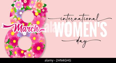 Journée internationale des femmes 8 mars lettrage élégant et fleurs roses. Carte de voeux pour la fête des femmes avec texte vectoriel puissant et élégant Illustration de Vecteur