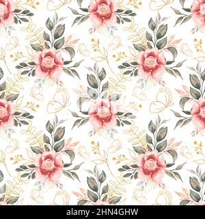 Feuilles de branche et fleurs de pivoine avec papier de répétition de papillon doré, gris d'aquarelle et feuillage beige motif sans couture, papier de verdure, P floral sans fin Banque D'Images