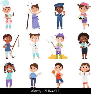 Les métiers d'enfants, les jeunes peintres, les médecins et les cuisiniers. Enfants en costumes de différentes professions scénario jeu d'illustration. Dessins animés pour enfants Illustration de Vecteur