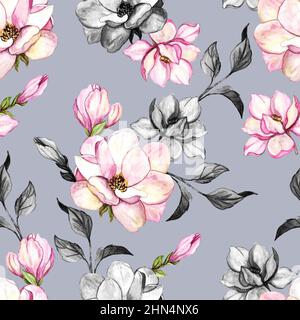 Motif de fleurs de magnolia rose dessinées à la main pour le papier peint, le textile, la surface, la mode, l'arrière-plan, carrelage, papeterie, décoration, mobilier, etc Banque D'Images