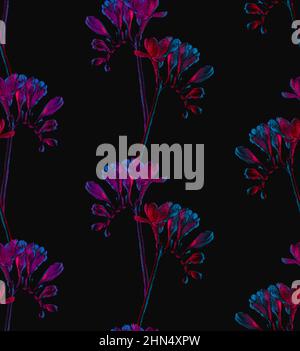 FREESIA fleurs, motif sans couture, couleurs fluo rouge et bleu Banque D'Images