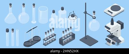 Laboratoire d'analyse isométrique, Science de laboratoire chimique. Jeu de tubes chimiques de laboratoire Illustration de Vecteur