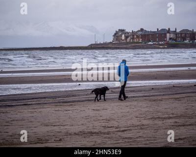 Sortir à pied le chien sur la plage de Troon un jour d'hiver en février Banque D'Images