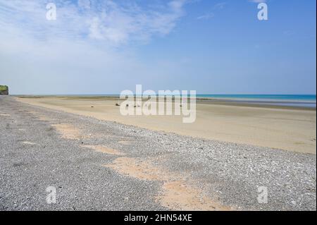 A marée basse, la plage de sable de Saint-Aubin-sur-Mer sur la Côte d'Albâtre est le terrain de course des marins de plage, Normandie, France Banque D'Images