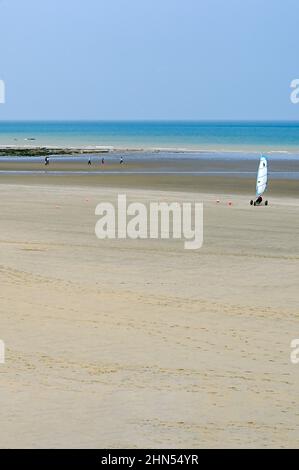 A marée basse, la plage de sable de Saint-Aubin-sur-Mer sur la Côte d'Albâtre est le terrain de course des marins de plage, Normandie, France Banque D'Images