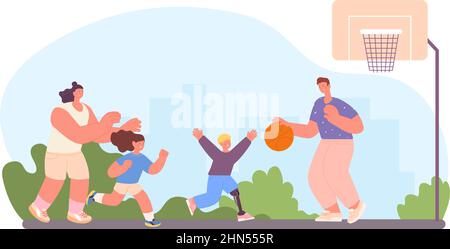 Jouer en famille au basket-ball dans le parc de la ville. Enfant inclus dans la vie. Joyeux garçon avec les parents et la soeur séance d'entraînement sur le terrain de jeu, scène vectorielle Illustration de Vecteur