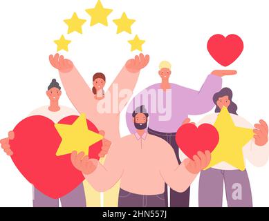 Aime et critique. Commentaires émotionnels sur le Web, republier ou partager. Très bien noté, les gens sont heureux et tiennent le cœur et les étoiles. Adultes émotionnels positifs Illustration de Vecteur