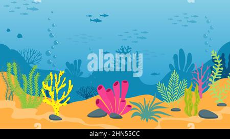 Arrière-plan sous-marin avec algues et silhouettes de poisson. Vie marine, océan, mer ou monde fluvial. Dessin animé algues plantes illustration vectorielle Illustration de Vecteur