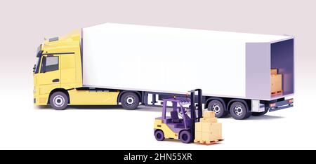 Chariot élévateur Vector chargeant une remorque semi-remorque. Chariot élévateur jaune chargeant des palettes avec des boîtes en carton dans la remorque du chariot Illustration de Vecteur