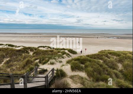Blankenberge, Flandre / Belgique - 10 30 2018: Grande plage de sable et dunes verdoyantes en mer du Nord belge pendant la marée basse en automne. Banque D'Images