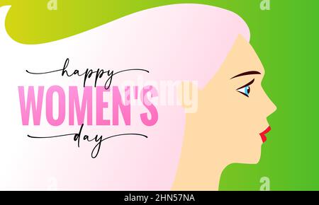Carte Happy Womens Day avec belle femme. Journée internationale des femmes 8 mars lettrage élégant sur les cheveux de curl Illustration de Vecteur