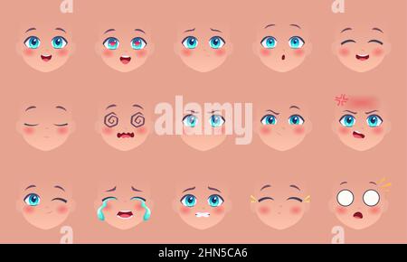 Visages Anime. Manga yeux nez et lèvres expressions drôles dessins animés kawaii comic visages personnages vecteur exact kit de création Illustration de Vecteur