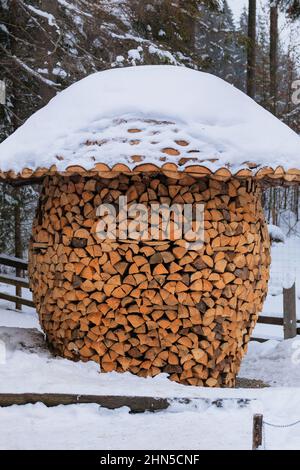 Entrepôt de bois de chauffage sous forme de champignon dans le village. Bois de chauffage pour l'hiver. Bois de chauffage à l'extérieur, bois couvert empilé. Banque D'Images