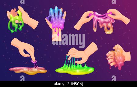 Faire de la chaux dans les mains. Jeu de la gelée de couleur avec colle liquide de couleur jouets exact vecteur illustrations ensemble isolé Illustration de Vecteur
