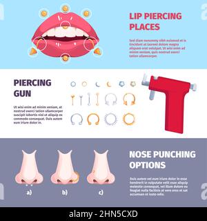 Bannières de perçage. Corps et visage éléments décoratifs points flèches métal anneaux piercing nez yeux et lèvres Garish vector impression design templates Illustration de Vecteur