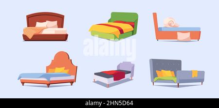 Lit à dessin animé. Mobilier moderne pour se détendre canapé confortable couvertures literie têtes de lit grenier collection de couleurs vectorielles Illustration de Vecteur