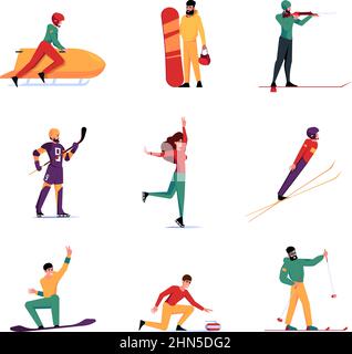 Jeux de sport d'hiver. Ski luge snowboard Jeux olympiques les athlètes garish Vector Flat People Illustration de Vecteur