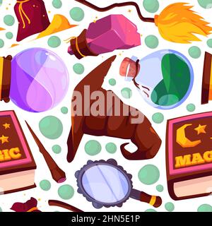 Motif magique. Flacons et cercles lumineux pour sorcier des bulles et des pierres précieuses Garish vector fond sans couture pour les projets de conception textile Illustration de Vecteur