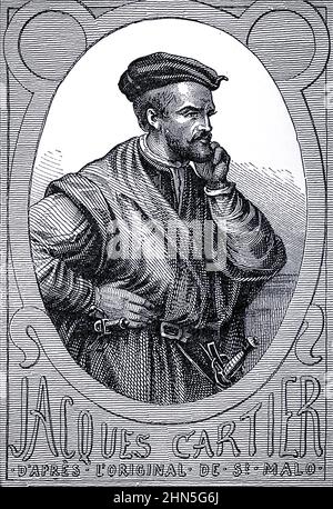 Jacques Cartier (31 décembre 1491 – 1 septembre 1557) est un explorateur maritime français-breton pour la France.Jacques Cartier a été le premier européen à décrire et à cartographier le golfe du Saint-Laurent et les rives du Saint-Laurent,Il a nommé « le pays des Canadas » d'après les noms iroquoiens des deux grandes colonies qu'il a vues à Stadacona (Québec) et à Hochelaga (Île de Montréal) de l'exploration du monde, a célébré les voyages et les voyageurs, a célébré les voyages par Jules Verne non-fiction.Publié en trois volumes de 1878 à 1880, les voyages et voyageurs célèbres est un HIS Banque D'Images