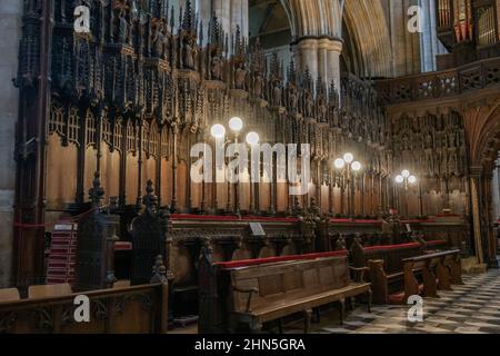 Le Quire contient 68 stands du début du 16th siècle, chacun avec un siège (misericord Beverley Minster à Beverley, East Riding of Yorkshire, Royaume-Uni. Banque D'Images