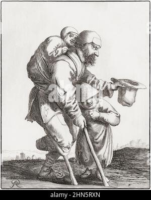 Mendiant paralysé avec l'enfant. Après un travail des années 1630 par Pieter Jansz Quast. Banque D'Images