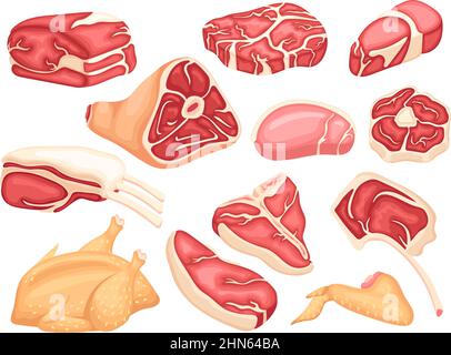 Collecte de viande crue. Préparation du porc, steak de bœuf frais. Ingrédients pour le dîner ou le déjeuner, marché de viandes fraîches des agriculteurs. Ensemble de nourriture isolée tranché, net vecteur Illustration de Vecteur