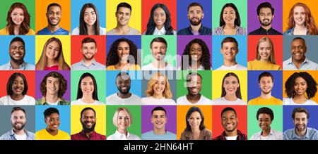 Portraits de femmes et d'hommes multinationaux de différentes races et âges souriant sur des arrière-plans de studio colorés, collage Banque D'Images