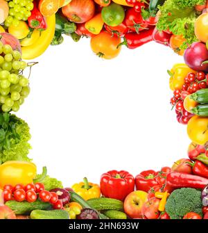 Fond carré de légumes frais et de fruits sous forme de cadre large. Isolé sur blanc. Banque D'Images