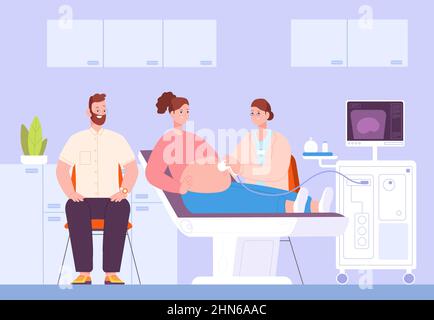 Médecin en grossesse. Échographie fœtus examen, médecin gynécologue vérifier échographie diagnostic ventre à la femme grossesse, soins de bébé à l'hôpital, splendide vecteur illustration scanner enceinte Illustration de Vecteur