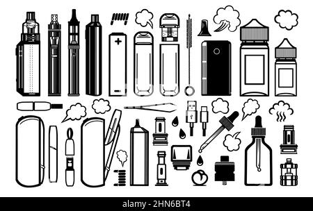 Ensemble d'icônes graphiques pour une boutique de formes. E-cigarettes, liquides, blocs de vapeur, pipettes, vatamod, réservoir, égouttoir, vaporisateur, coton, batterie, fil également Illustration de Vecteur