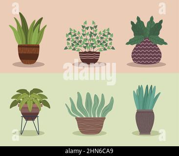 six icônes de jardinage de plantes de maison Illustration de Vecteur